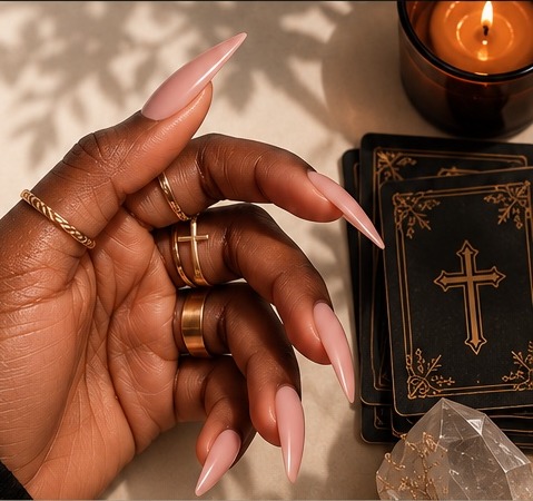 A Black woman's hand with long glossy nude-pink almond nails against a warm neutral background